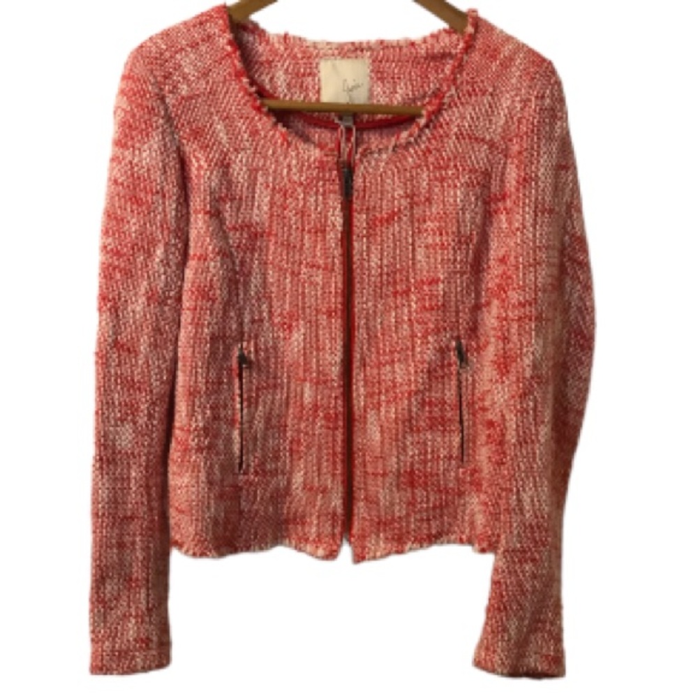 JOIE Cherry Woven Zip Up Jacket with Front Pockets and Zipper Sleeves Size M